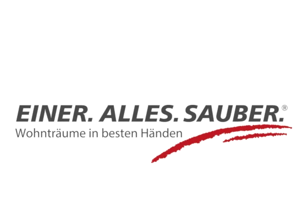 Logo „Einer. Alles. Sauber.“ mit dem Zusatz „Wohnträume in besten Händen“ und rotem Gestaltungselement.