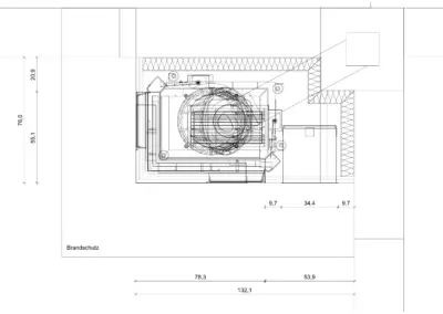 Technischer Zeichenplan eines Eckkamins mit Grundriss, Einbauposition und Maßangaben für die fachgerechte Planung.