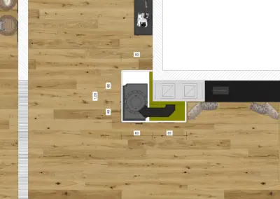 Draufsicht einer Kaminplanung mit Kombi-Kamin, angrenzender Wand und Darstellung der Bodenfläche.