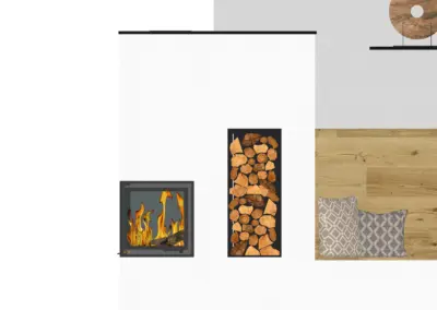 Planungsansicht eines modernen Eckkamins mit Holzfach, Feuerraum und angrenzender Wohnraumgestaltung.