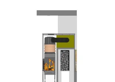 Technische Planungsansicht eines Kombi-Kamins mit Feuerraum, Luftführung und konstruktivem Aufbau.