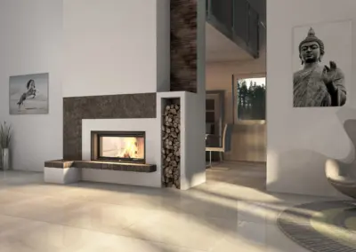 Moderner Kamin mit Feuertisch aus Naturstein, breitem Sichtfenster und integriertem Holzfach im Wohnraum.