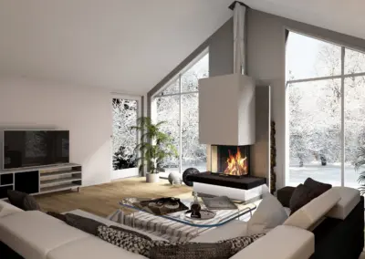 Moderner Panoramakamin mit Naturstein-Feuertisch, Eckverglasung und sichtbarem Feuer im hellen Wohnraum.