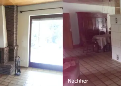 Vergleich eines Kachelofens mit gemauertem Altbestand und modernisierter, heller Keramikverkleidung.