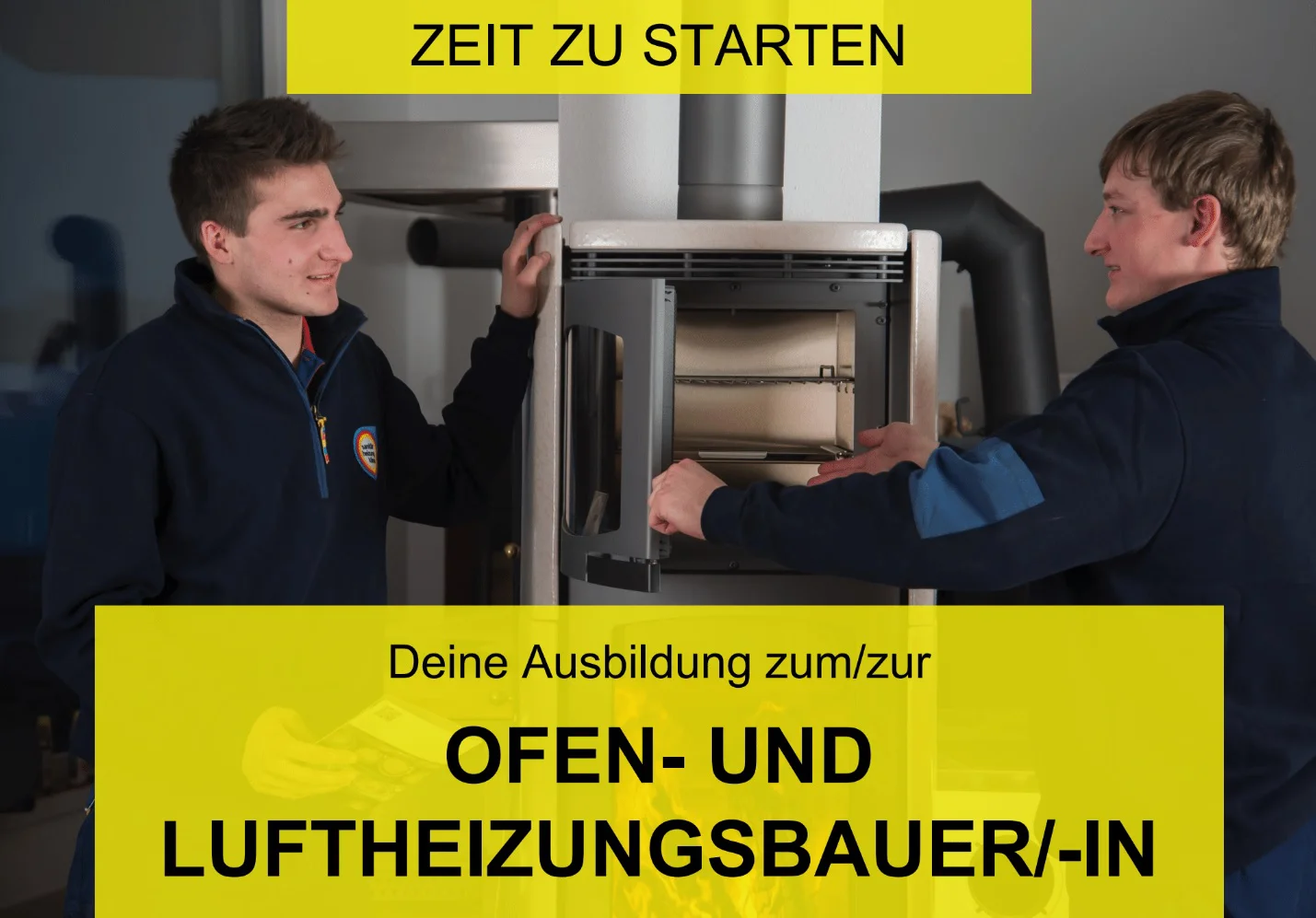 Präsentationsgrafik zur Ausbildung als Ofen- und Luftheizungsbauer mit zwei jungen Fachkräften an einem Ofen.