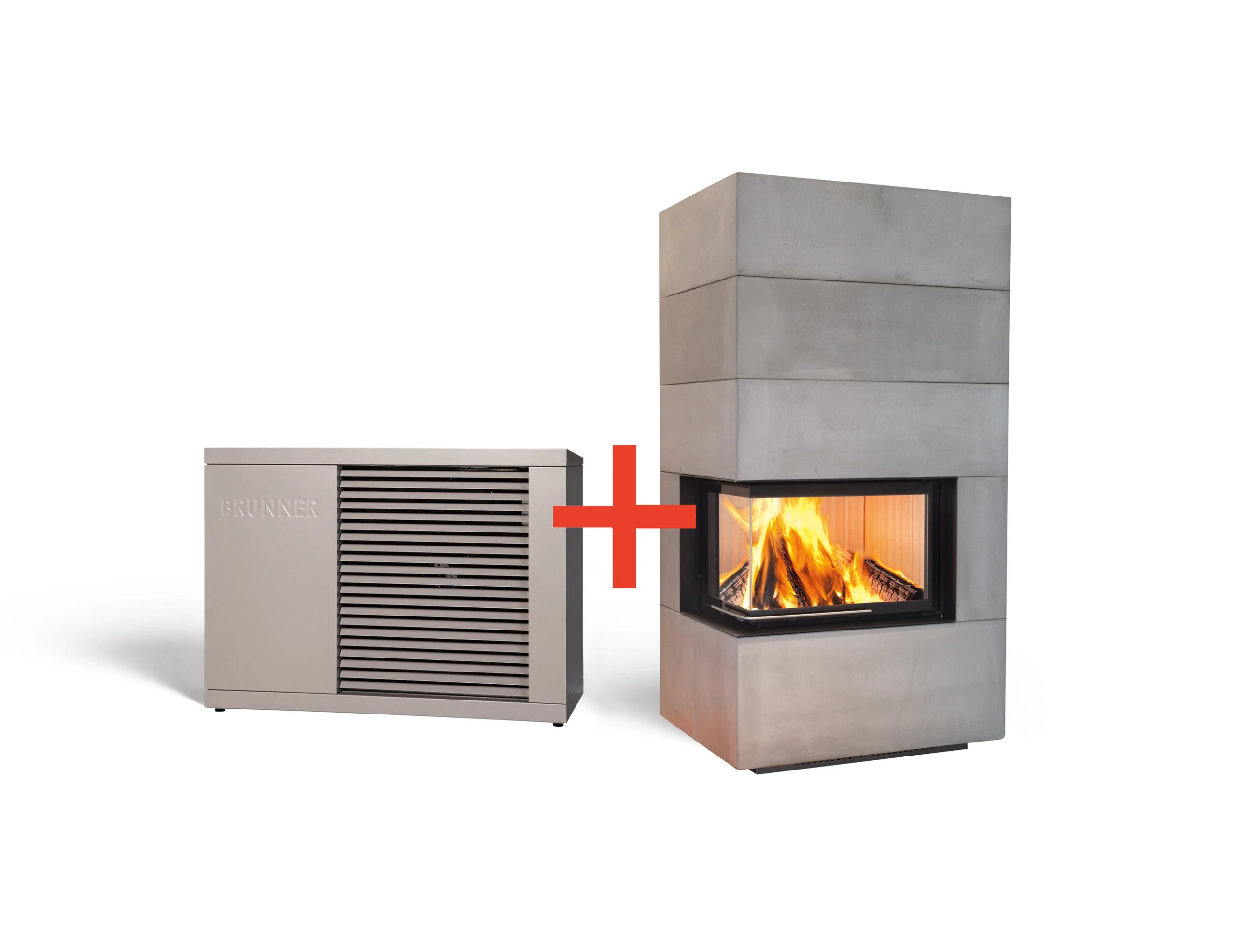 BRUNNER Wärmepumpe kombiniert mit moderner Ofenheizung und sichtbarem Feuer in einer abgestimmten Heizlösung.